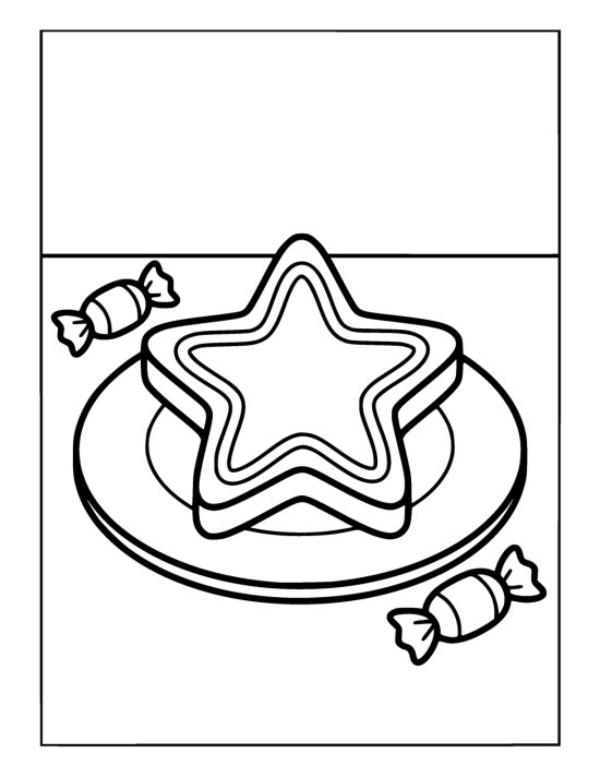 Thick star shaped biscuit with an icing edge on a plate beside two wrapped sweets on a coloring sheet