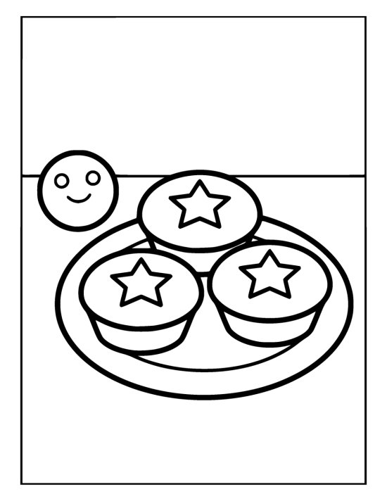Three round mince pies with a star on each, together on a wide plate on a coloring sheet
