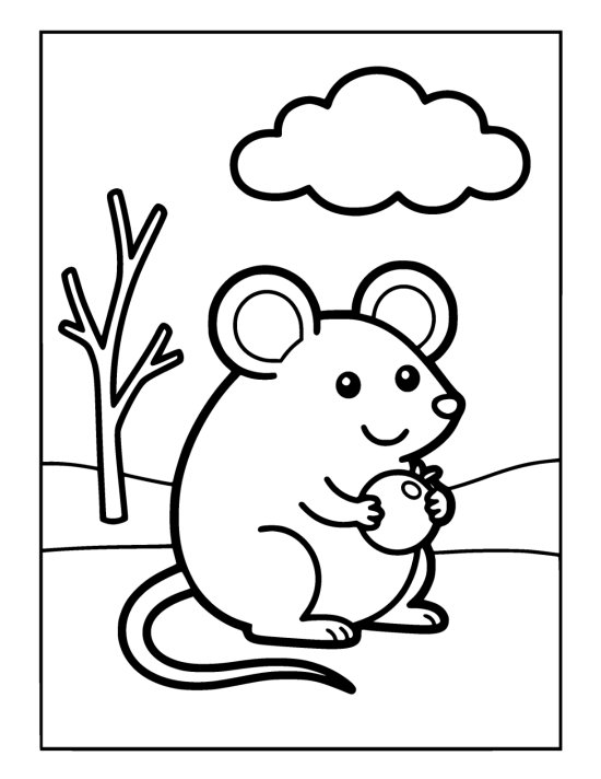 Round mouse holding a berry in its paws on snowy ground beside a bare twig on a coloring page