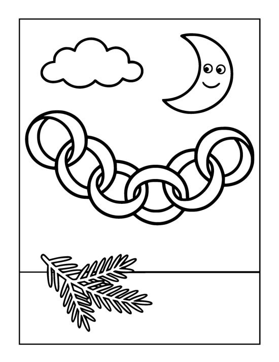 Paper chain of six fat linked loops hanging in an arc below a smiling moon on a coloring sheet
