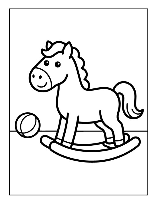 Wooden rocking horse with a curved rocker and a wavy mane beside a ball on a coloring page