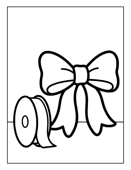 Enormous ribbon bow with two looped sides and wide tails beside a reel of ribbon on a coloring sheet