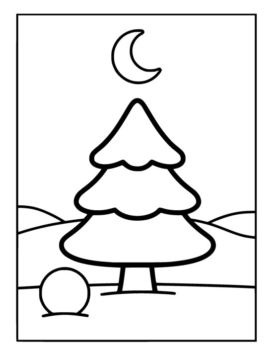 Fir tree with three wide layers of rounded branches standing in snow below a crescent moon on a coloring page
