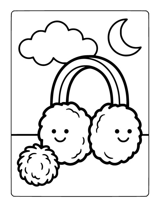 Pair of fluffy earmuffs with two round pads joined by an arched band, beside a woolly bobble on a coloring sheet