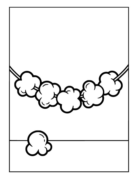 String of five round popcorn pieces hanging in an arc above a loose piece on the ground on a coloring page