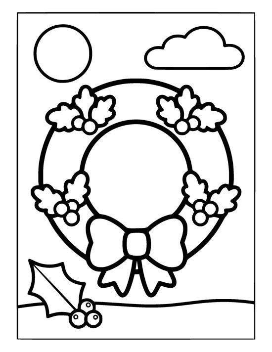 Round wreath of leaf clumps with three berries and a bow at the bottom, below a sun and a cloud on a coloring sheet
