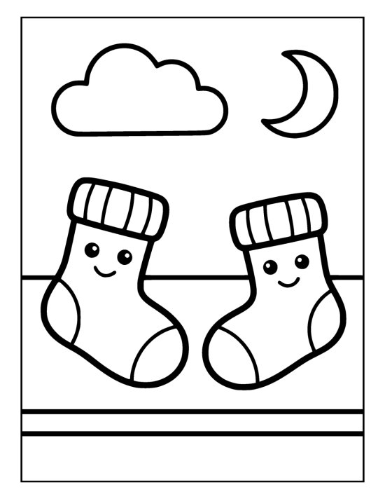 Two thick woolly socks with ribbed cuffs lying side by side with a gap between them on a coloring page