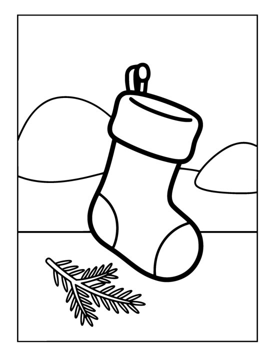 Large stocking with a folded cuff hanging from a peg above a fir sprig on a coloring page