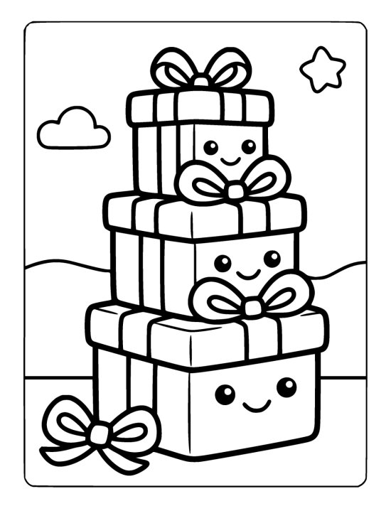 Three wrapped presents of different sizes stacked with ribbons and bows, beside a loose bow on a coloring sheet
