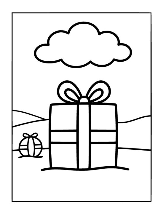 Big wrapped gift with a ribbon cross and a looped bow beside a smaller gift on a coloring sheet