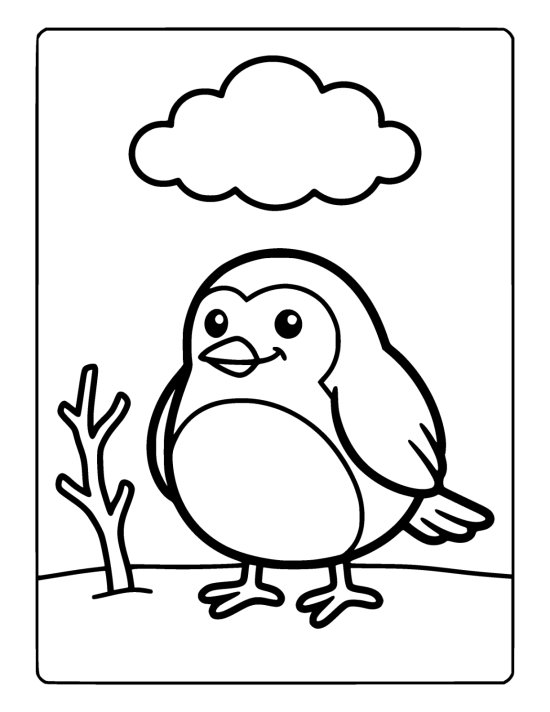 Round robin with a plump chest standing on snowy ground beside a bare twig on a coloring page
