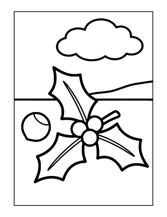 Large holly sprig with three pointed leaves and three round berries lying on the snow on a coloring sheet