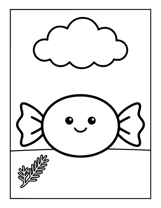 Enormous oval toffee with a twisted wrapper at each end lying on the ground below a cloud on a coloring page