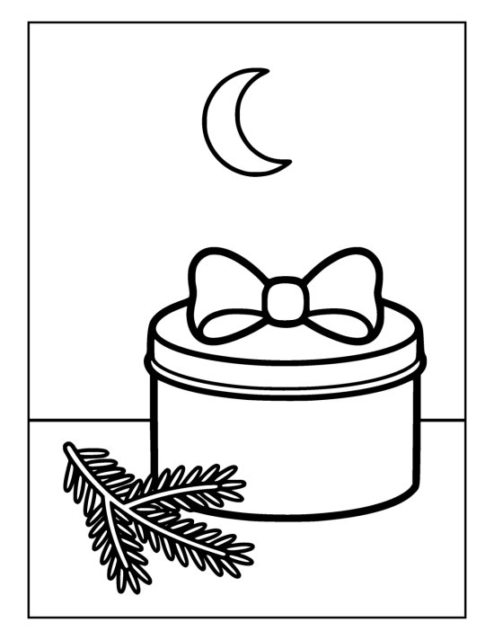 Round sweet tin with a domed lid and a fat bow on top standing below a crescent moon on a coloring sheet