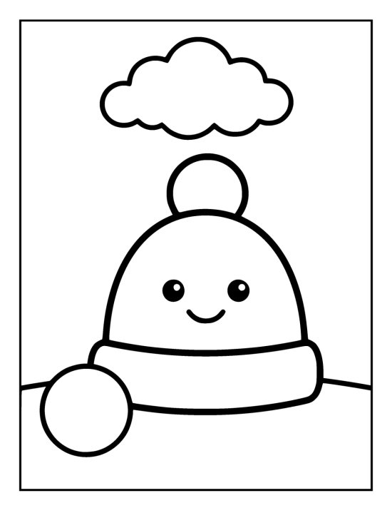 Woolly hat with a turned up brim and a large round bobble sitting on snowy ground on a coloring page