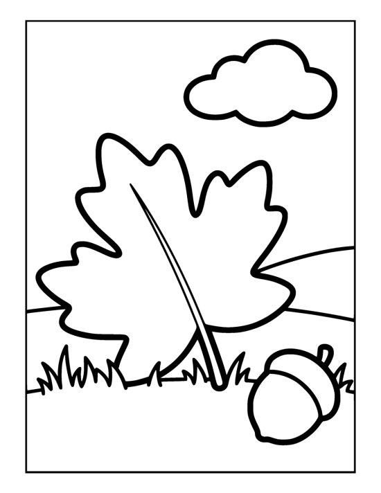 One very large maple leaf with an acorn beside it drawn with thick lines on a coloring page