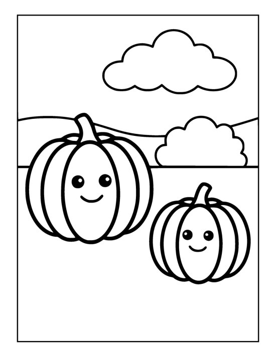 Two round pumpkins of different sizes sitting well apart on the grass on a coloring sheet