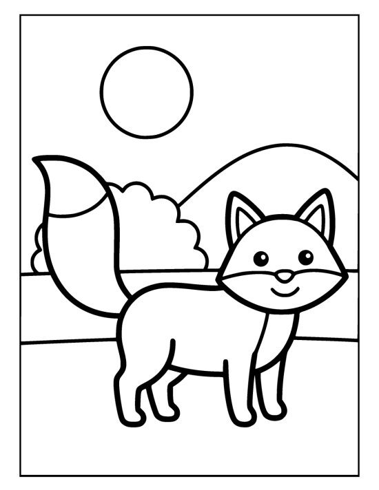 Chunky fox with a big bushy tail and pointed ears standing on grass on a coloring page