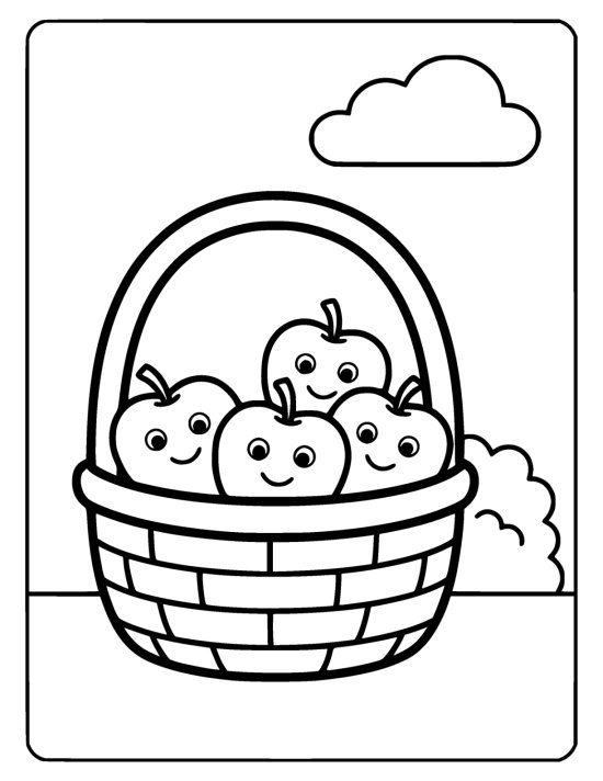 Wide woven basket with a curved handle filled with big round apples on a coloring sheet
