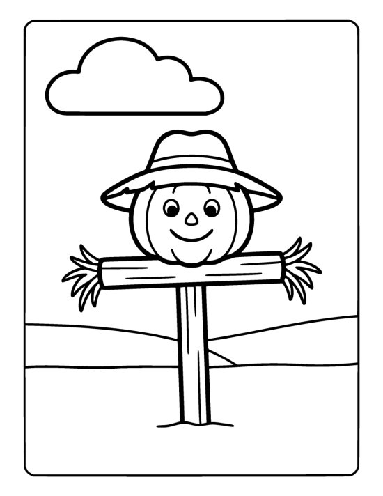 Scarecrow made of a round pumpkin head on a wooden cross pole on a coloring page