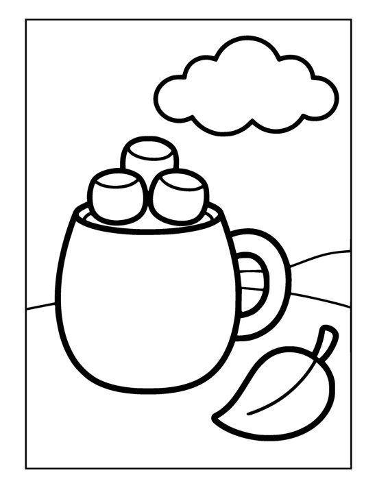 Fat round mug with three big marshmallows on top beside a leaf on a coloring sheet
