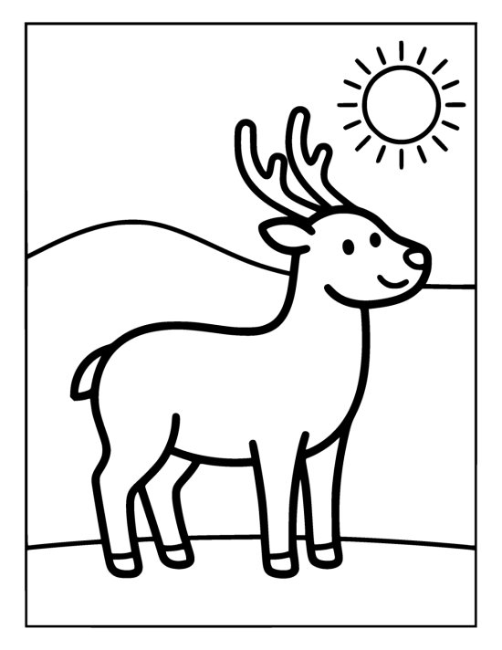 Chunky deer with two simple curved antlers standing on flat grass on a coloring page
