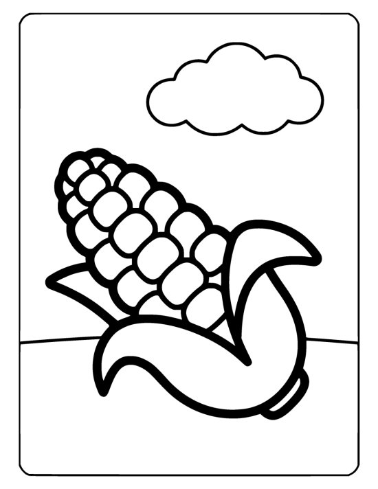 Large corn cob with big rounded kernels and two peeled back husks on a coloring sheet