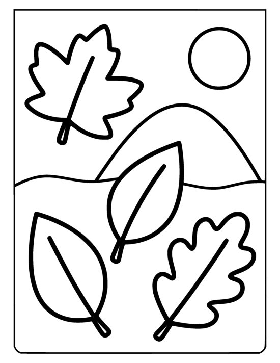 Three very large leaves of different shapes lying well apart on a coloring page
