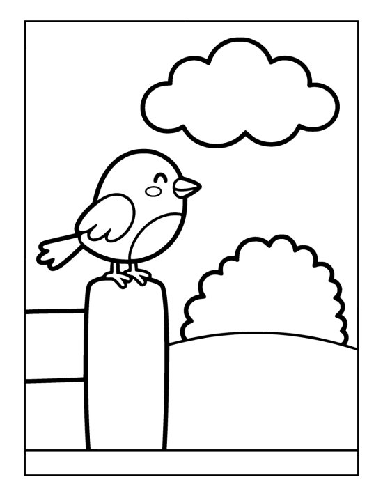 Round bird with a short beak perched on a thick wooden fence post on a coloring sheet