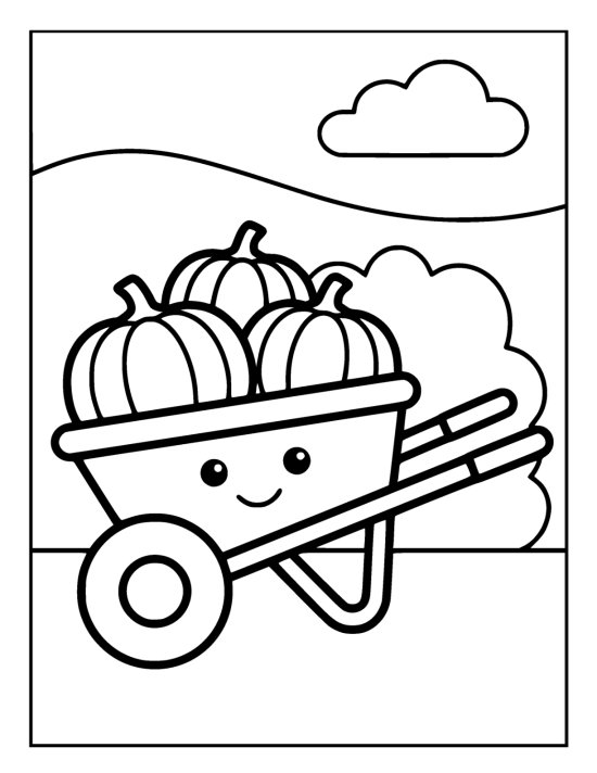 Simple wheelbarrow with one big round wheel holding three round pumpkins on a coloring page