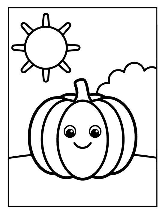 One big round pumpkin with a smiling face and thick curved ribs on a coloring sheet