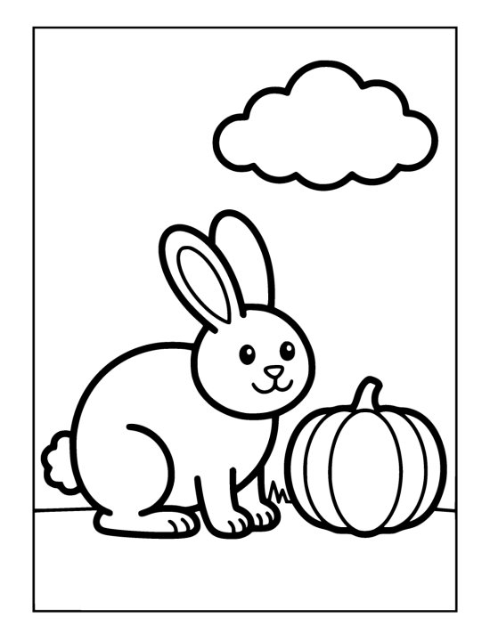 Round rabbit with two long ears sitting beside a big round pumpkin on a coloring sheet