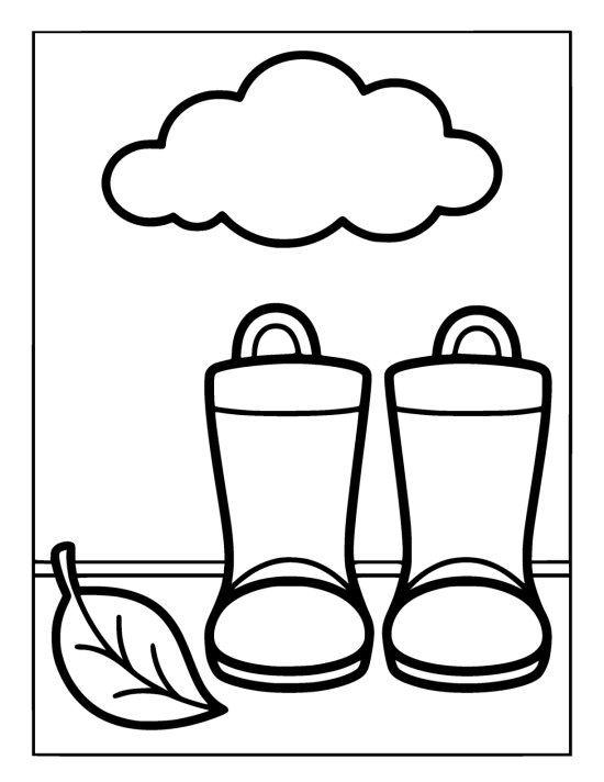 Pair of chunky rubber boots standing side by side beside a curved leaf on a coloring page