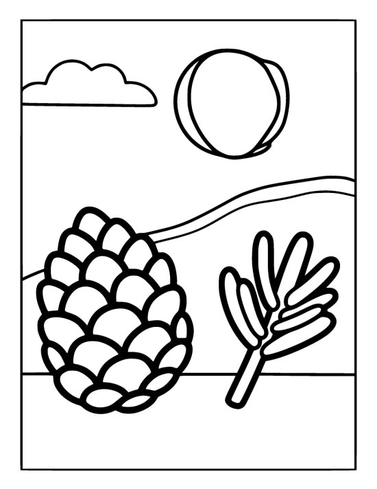 Very large pinecone with thick rounded scales beside a short pine sprig on a coloring sheet