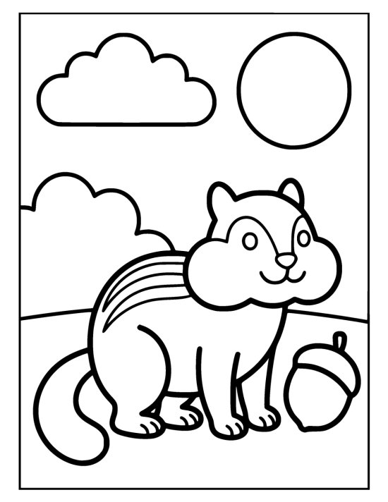 Small round chipmunk with puffed cheeks and a striped back beside an acorn on a coloring page