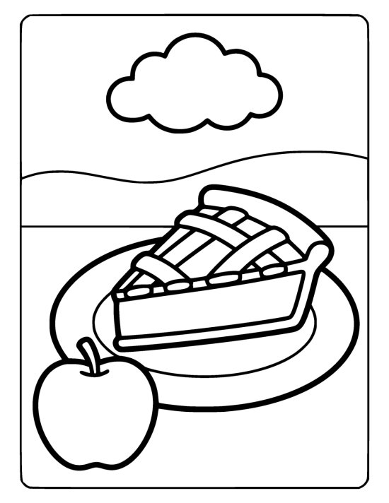 Thick wedge of pie with a lattice crust on a round plate beside an apple on a coloring sheet