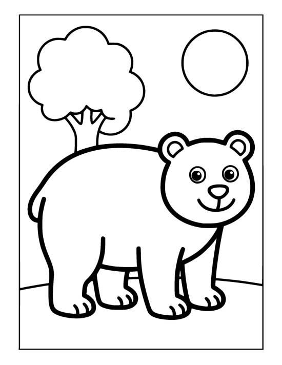 Chunky bear with small rounded ears standing on grass below a tree on a coloring page