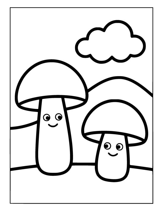 Two large mushrooms with smiling faces growing well apart on the grass on a coloring sheet