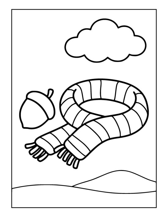 Long knitted scarf with thick stripes and fringed ends beside an acorn on a coloring page