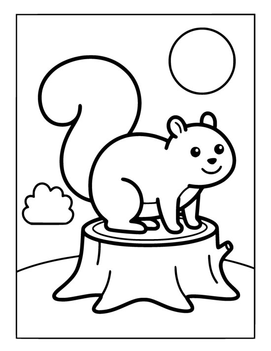 Chunky squirrel with a big bushy tail sitting on a wide tree stump on a coloring sheet