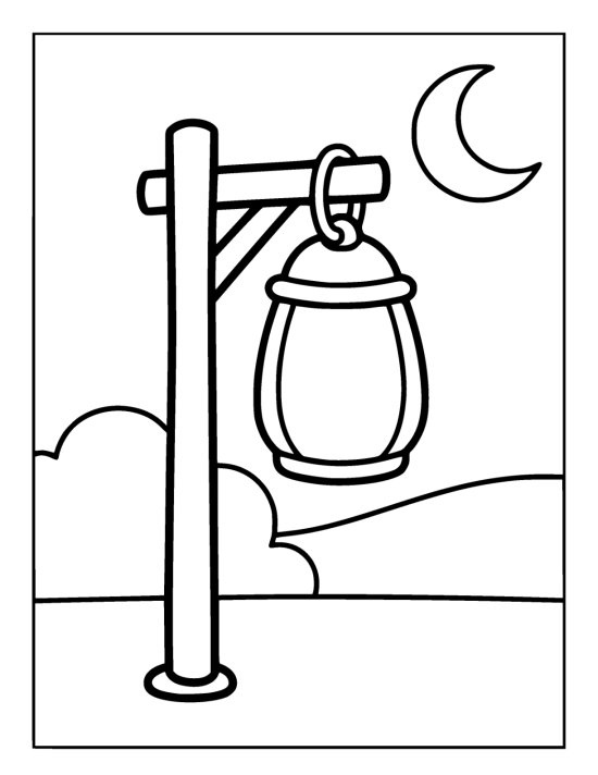 Simple lantern with a rounded top hanging from a thick wooden post on a coloring page