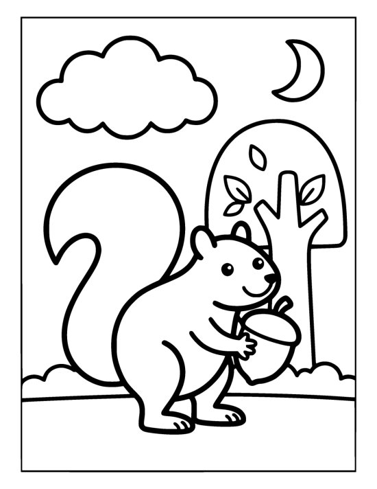 Chunky squirrel with a big bushy tail holding a round acorn on a coloring page