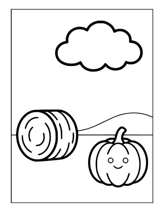 Large round hay bale beside one big round pumpkin on flat grass on a coloring sheet