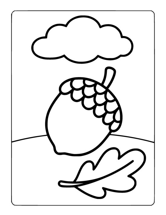 One very large acorn with a thick textured cap beside a curved leaf on a coloring sheet