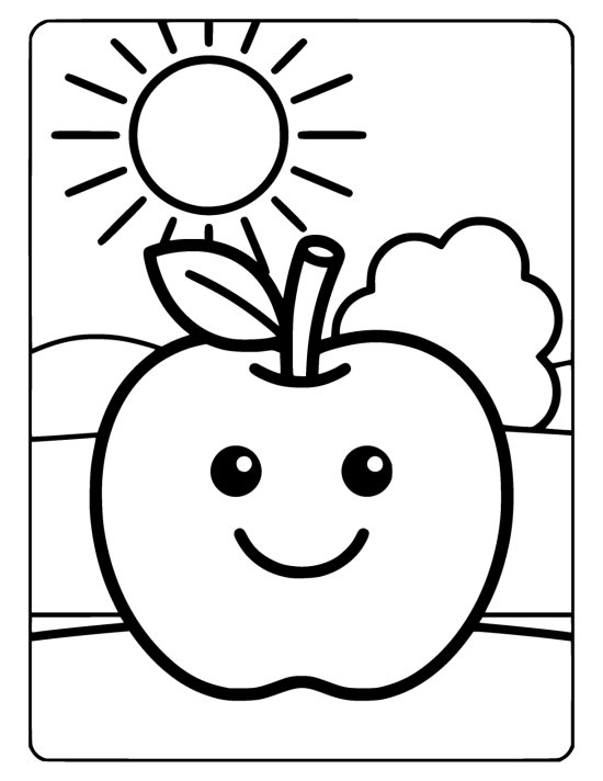 One big round apple with a smiling face and a single oval leaf on a coloring page