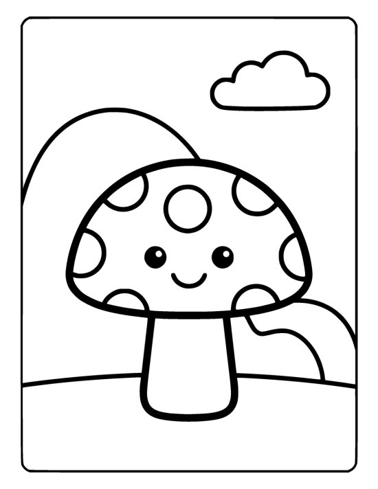 Large mushroom with a domed spotted cap and a thick stalk on a coloring sheet