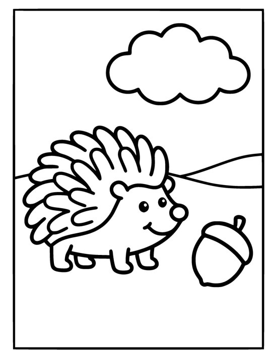 Round hedgehog with thick rounded spines standing beside an acorn on a coloring page