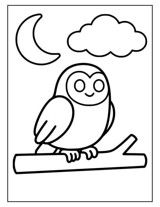 Chunky owl with two big round eyes perched on a thick branch on a coloring sheet