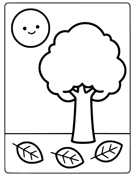 Large tree with a thick trunk and round crown above three fallen leaves on a coloring page