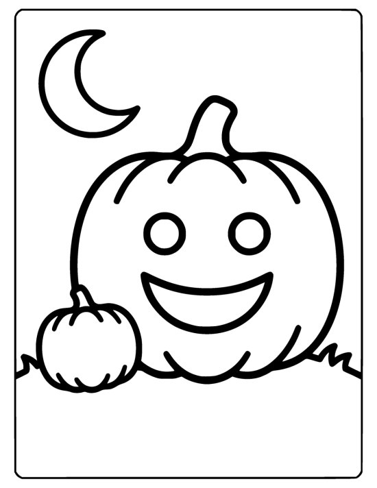 Wide grinning jack o lantern sits beside a small pumpkin under a crescent moon drawn bold and easy